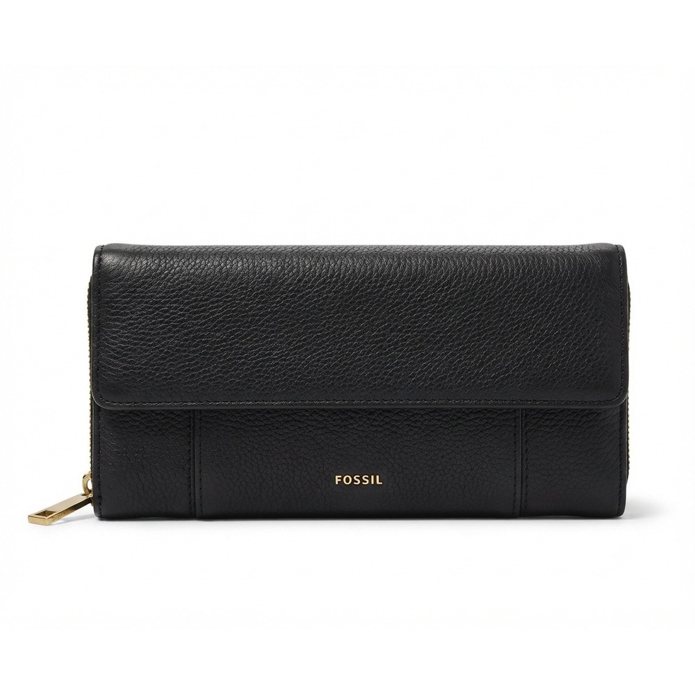 NWT Fossil Jori Flap Clutch Black Genuine Pebbled Leather Brass RFID Wallet 8x4"